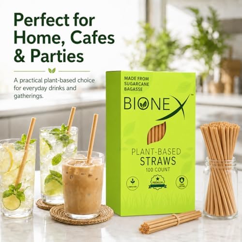Bionex 8” Sugarcane Straws, 100 Count – Biodegradable & Compostable Disposable Drinking Straws, Made in USA