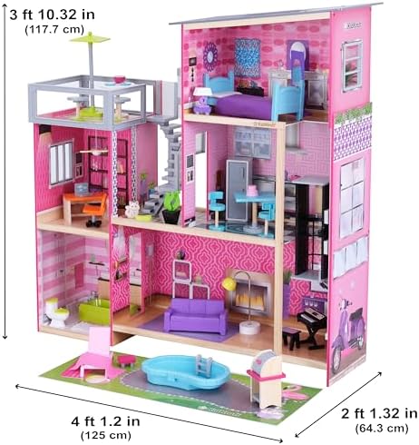 KidKraft Uptown Wooden Modern Dollhouse with Lights & Sounds, Pool and 36 Accessories | Over 3 Feet Tall Pink Mansion Doll House, Working Elevator