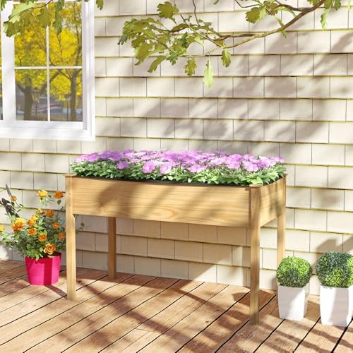 GIANTEX Raised Garden Bed on Wheels, Wood Planter Box with Legs, Liner, Drain Holes, Elevated Garden Bed for Vegetables