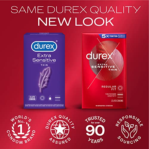 Durex Extra Sensitive Thin Condoms, Lubricated Latex Condoms for Men, 12 Count