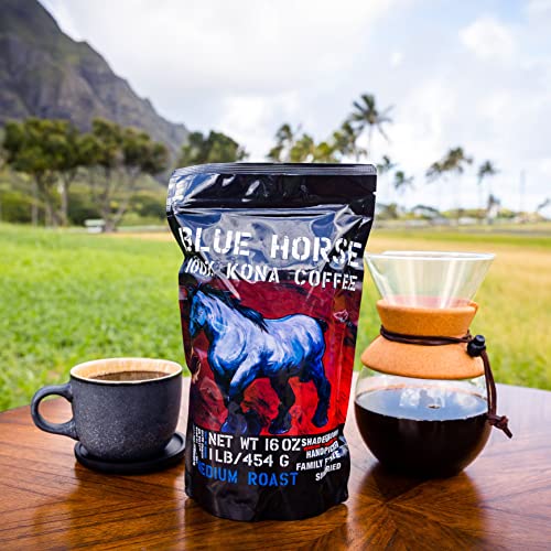 Blue Horse 100% Kona Coffee Whole Bean - 16 oz Medium Roast, Farm Fresh | Certified Organic, Arabica Whole Beans,, Grown In Hawaii USA, Shade Grown, Handpicked, Vacuum Sealed Bag, Caffeinated, Vegan