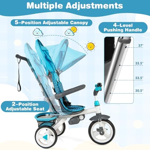 Costzon Tricycle for Toddlers, 6 in 1 Trike w/Parent Handle, Adjustable Canopy, Storage, Safety Harness & Wheel Brakes, Baby Push Tricycle Stroller for Kids Boys Girls Aged 9 Month-5 Years Old, Blue