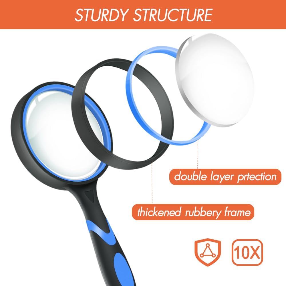 Leffis 3 Pack Magnifying Glass, 10X Reading Magnifier for Kids and Seniors