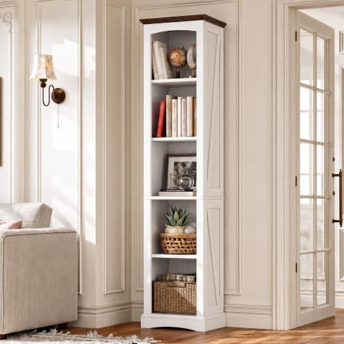 IRONCK 70" Tall Narrow 5-Tier Bookshelf, Farmhouse Bookcase White | White finish, anti-tip design, wood thick open shelf, cube storage for home office