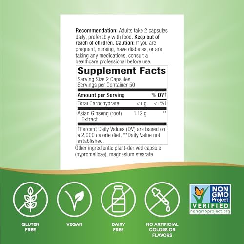 Nature's Way Asian Ginseng, Fights Fatigue*, 1,120mg per Serving, 100 ct | Dietary Supplement, Non-GMO Project Verified, Vegan Capsules