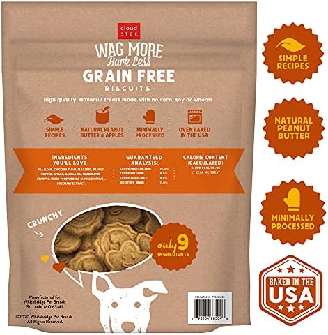 Cloud Star Wag More Bark Less - Dog Treats - Crunchy Biscuits - Grain Free Peanut Butter & Apples - 2.5 lb Pouch