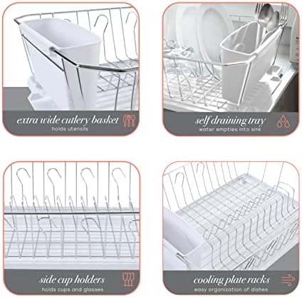 Kitchen Details 3 Piece Dish Rack | Drying Rack, Cutlery Basket & Drainboard Tray | Countertop | Self Draining | Open Wire Design | Chrome | White