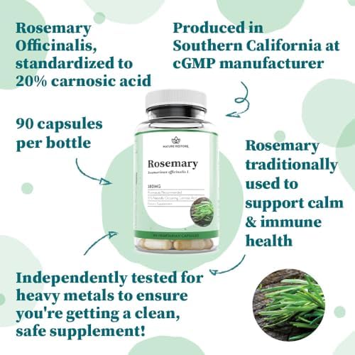 Nature Restore Rosemary Extract Supplement, Standardized to 20 Percent Carnosic Acid, 90 Capsules, Manufactured in USA, Non GMO, Gluten Free