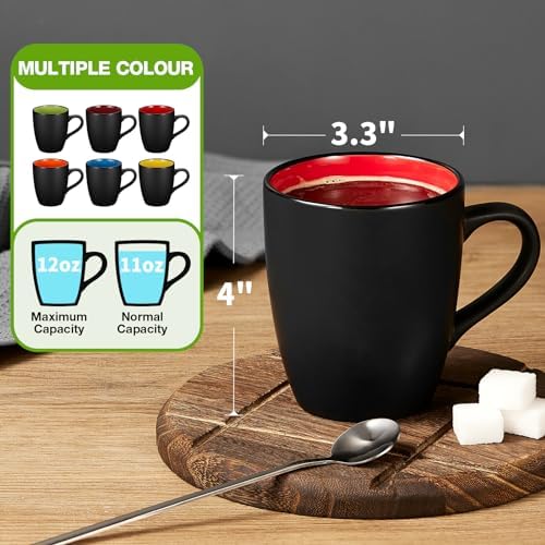 Qipecedm 6 Pack Porcelain Coffee Mugs Set, 12 Ounces Ceramic Coffee Mugs, Matte Black Coffee Mug, Restaurant Cups for Coffee, Tea, Cappuccino, Cocoa
