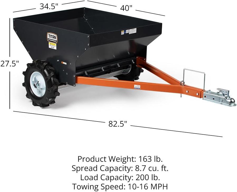 Titan Attachments Compact Manure Spreader, Rated 8.7 Cu. FT, Utility Tow-Behind ATV/UTV Lawn Tractor Spreader