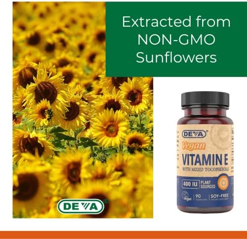DEVA Vegan Vitamins Natural Vitamin E 400IU with Mixed Tocopherols, Supports Immune System & Skin Nutrition, Natural Antioxidant & Gluten Free, Dairy Free, Non-GMO, 90 Capsules
