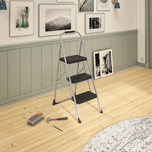Cosco 11408PBL1E Three Step Big Step Folding Step Stool with Rubber Hand Grip, Grey
