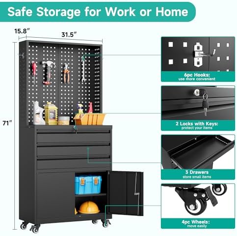 Metal Storage Cabinet with Wheels and Drawers, Rolling Garage Storage Cabinet with Lock, Black Metal Tool Cabinet with Hooks