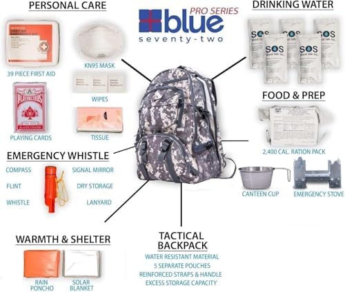 Blue Seventy-Two - Pro Series - Camo Deluxe 72 Hour Emergency Backpack Survival Kit for 1 Person | Survival Kit for Wildfires, Earthquakes, Tornado