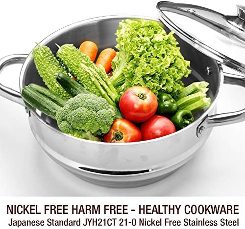 HOMICHEF 3 PCS Whole Food Steamer Set - Nickel Free Stainless Steel Veggie Steam Pot (9.5" Large Vegetable Steamer Insert With Lid, 8" Steam Pot)