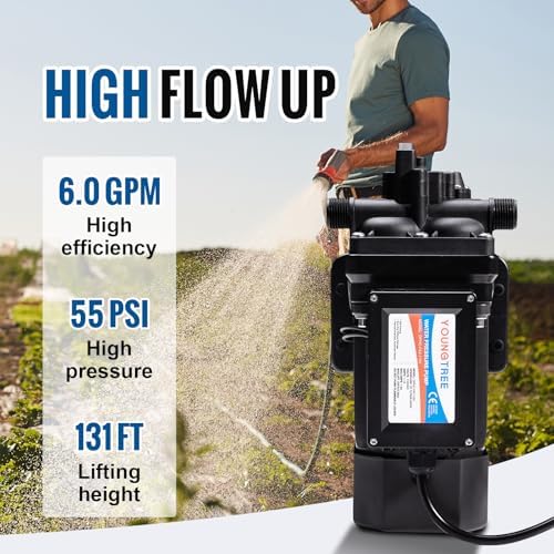 YOUNGTREE RV Water Pressure Diaphragm Pump 110V 4.0GPM 50PSI On Demand Fresh Water Transfer Pump 110Volt AC with Garden Hose Adapters for Irrigation Home Pool Draining Sprinkler