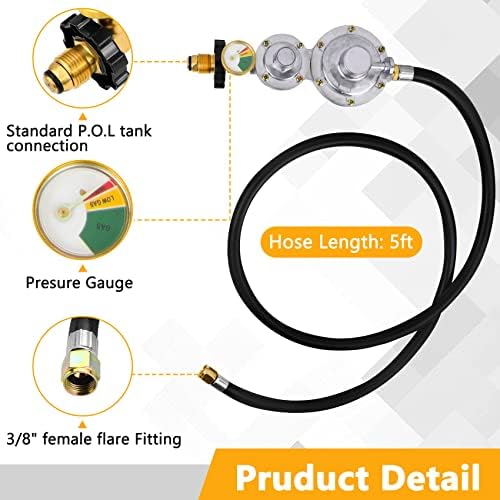 Azdele Two Stage Propane Regulator with 10 ft Hose and Gauge, CSA Certified