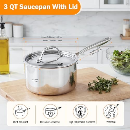 Cooks Standard Multi-Ply Clad 1.5 Quart Stainless Steel Saucepan with Lid, Small Kitchen Induction Cooking Sauce Pot Pan, Dishwasher & Oven Safe, Compatible with All Cooktops