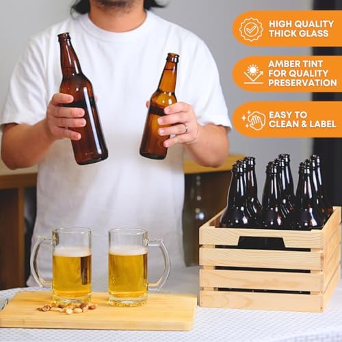 FastRack Amber Beer Bottles 12oz (Pack of 24) | Longneck Glass Beer Bottles with Pry-off Crown Finish for Home Brewing Mead