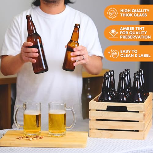 FastRack Amber Beer Bottles 12oz (Pack of 48) | Longneck Glass Beer Bottles with Pry-off Crown Finish for Home Brewing Mead