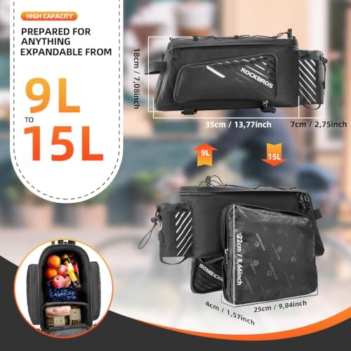 ROCKBROS 15L Bike Rear Rack Bag Pannier Trunk Bag with Rain Cover | Large Capacity Storage Bag Detachable Shoulder Strap Bicycle Trunk Rear Rack Bag Fits All Bikes E-bikes for Daily Cycling