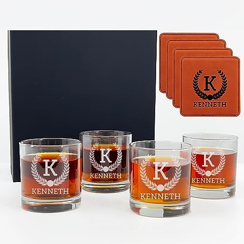 Customized Whiskey Gifts for Men - Personalized Scotch Glass Gift Set with Box - Engraved Wisky Rocks Glasses for Boyfriend, Husband