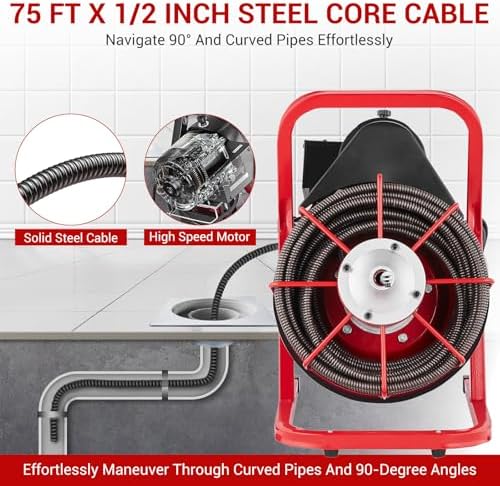 75 ft x 1/2 in Drain Cleaner Machine, 400W Electric Drain Snake with 6 Cutters & Foot Switch for 1 in to 4 in Pipes, Heavy Duty Sewer Auger for Sinks