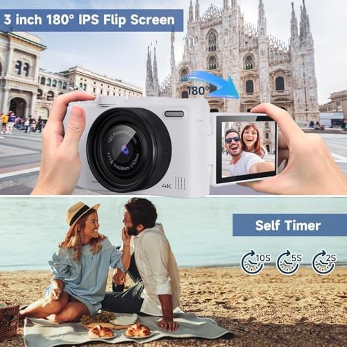 4K Digital Camera for Photography, 3" 180° Flip Screen with 64GB Card | 50MP Vlogging Camera, 4K Video Recording, 18X Digital Zoom, Built-In Flash, Compact Travel Size, Great For Teens & Beginner