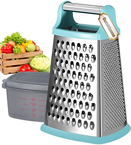 Ourokhome Cheese Grater with Handle, Stainless Steel Box Grater, 4 Side Kitchen Vegetable Shredder Slicer Zester with Container for Parmesan, Cabbage