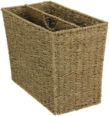 Household Essentials Wicker Magazine Rack, Handwoven Seagrass, Strong Metal Wire Frame, Built-In Handle and Divider, Lightweight, Contemporary, Great for Puzzle Books, Mail and More, Natural