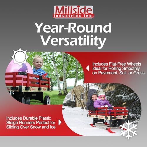 Millside Convertible Wood Wagon Cart with 4 Flat-Free Tires and Sleigh Runners for Outdoor Hauling Through Snow, Red, 16" x 34"