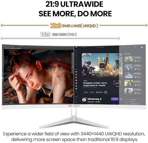 CRUA 34 Inch 21:9 UWQHD 100Hz IPS Ultrawide Curved Monitor, Speakers, White | 120% sRGB, 92% DCI-P3, 1.07B Colors, FreeSync, Blue Light, 3800R, HDMI 2.0, DP 1.4, 100x100 Mount, Office, Editing, Design PC