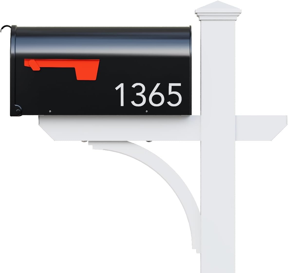 Argonne White Post & Black Mailbox (Large) | Personal curbside mailbox system features a large black aluminum mailbox, sturdy white square post, and custom house numbers.