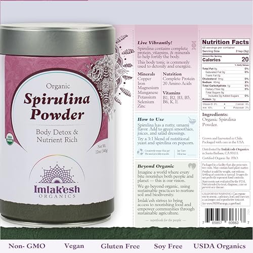 Imlakesh Organics Spirulina Powder - Heirloom Superfood, Grown in South America, Energy, Detox, Focus, Plant-Based Protein, Vitamin B12, Vegan, Keto