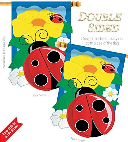 Two Group HS104049-P2-03 Ladybug Garden Friends Bugs & Frogs Applique Decorative Vertical 28" x 44" Double Sided House Flag Set Wood Dowel with