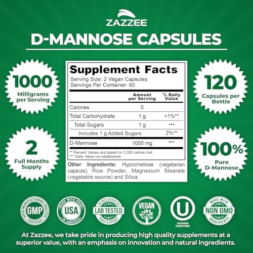 Zazzee D-Mannose, 1000 mg per Serving, 180 Vegan Capsules, 3 Month Supply | Potent & Fast-Acting, Certified Kosher, 100% Pure, All-Natural Urinary Tract Health Support, 100% Vegetarian, Non-GMO