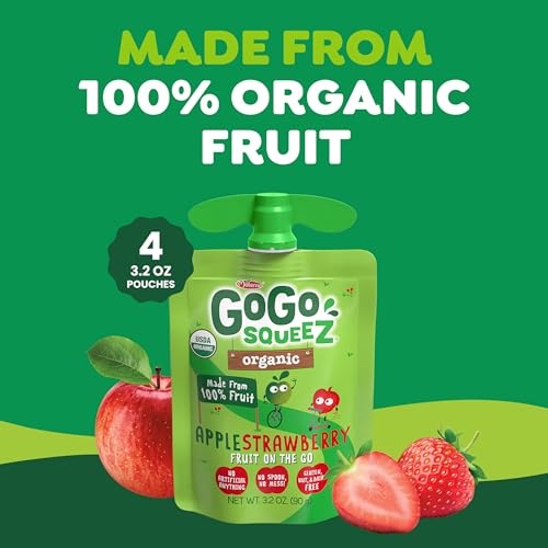 GoGo squeeZ No Sugar Added Organic Applesauce, Apple Apple, 4 Count | Kids on the go fruit snack made with applesauce & fruit puree; 3.2 oz pouches, gluten and nut free, recloseable cap, BPA-free
