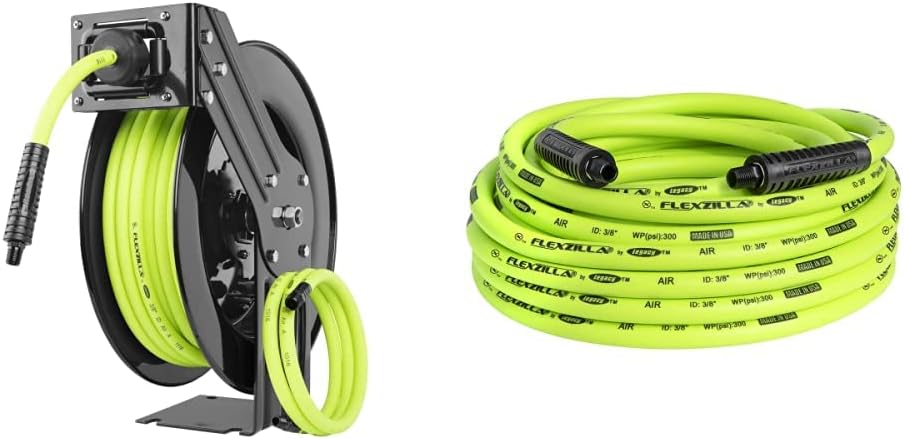 Flexzilla Open Face Retractable Air Hose Reel, 3/8 in. x 50 ft., Heavy Duty, Lightweight, Hybrid, ZillaGreen - L8611FZ