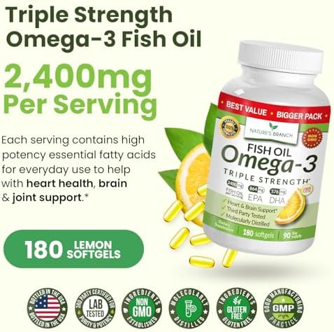 Triple Strength Omega 3 Fish Oil for Heart Health, Brain & Eyes – Burpless | High EPA & DHA Fish Oil for Men & Women, Lemon Flavor, Third Party Tested, Omega 3 Supplements for Joints – 120 Capsules