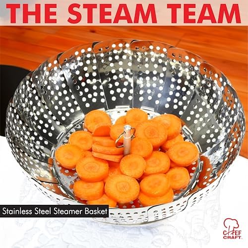 Chef Craft Classic Steamer Basket, 6 inch Diameter 9.5 inch Expanded, Stainless Steel