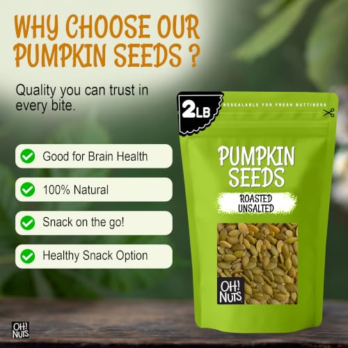 Oh! Nuts Pumpkin Seeds Roasted Unsalted Pepitas No Shell 2 Pound | Roasted unsalted pumpkin seeds no shell - Premium pepitas to eat packed in NY