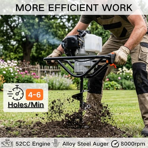 DC HOUSE 52cc 1800W Gas Powered Earth Auger EPA Certified Post Hole Digger, with 3 Drill Bits 4" 6" 8" and 3 Extension Rods 8" 12" 20"