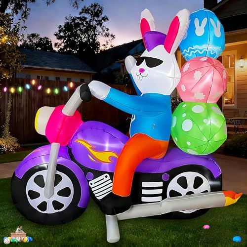 SEASONBLOW 6 FT Easter Inflatable Bunny on Motorcycle with Eggs Decorations Light Blow Up Rabbit for Yard Lawn Garden Home Outdoor Indoor Holiday