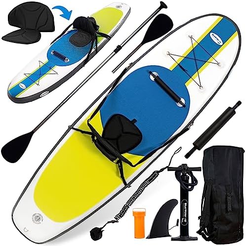 Blue Water Toys Inflatable Crossover Stand Up Paddle Board/Kayak Kit - Pump, Backpack, Coil Leash, Paddles, Detachable Seat, SUP 300 Pound Limit