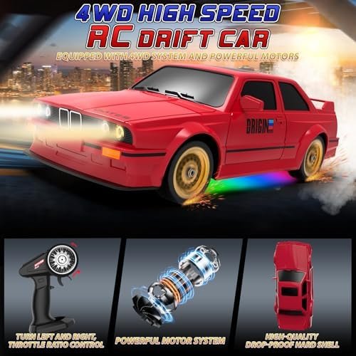 Remote Control Cars 1:16 Scale RC Drift Car 2.4Ghz 30KM/H High Speed 4WD RTR Racing Car with Drift Tires LED Lights 2PCS Rechargeable Batteries RC Sport Cars Toys for Adults Boys Girls Kids Gift
