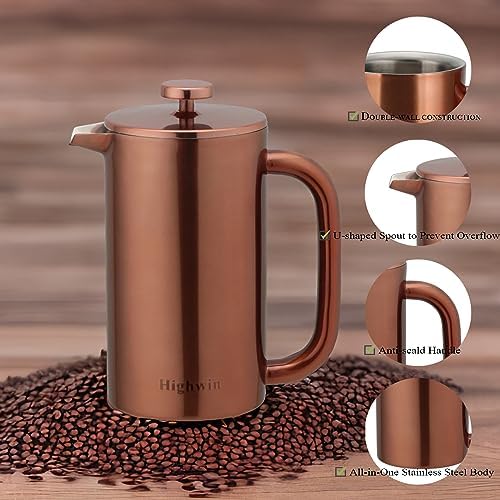 8-Cup Double Wall Insulated Stainless Steel French Coffee Press, 32-Ounce Durable Coffee Tea Maker with Stainless Steel Plunger, Copper