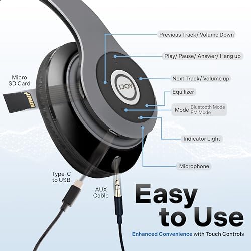 iJoy Bluetooth Headphones Over Ear, Wireless and Wired Foldable Headset Built-in Microphone - (Stealth) Adults Kids Men Women - Audifonos Auriculares Inalambricos