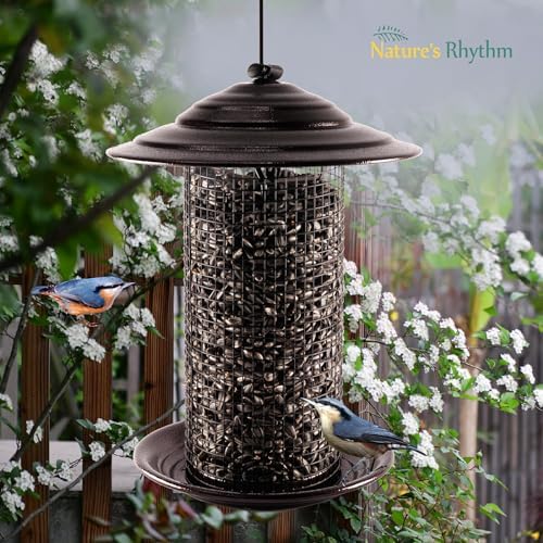 Outdoor Metal Mesh Bird Feeder, Cylindrical Metal Mesh Feeder with Dome Lid Feeder, Holds 2.5lb of Seed, Suitable for Multiple Seeds