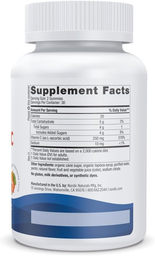 Nordic Naturals Vitamin C Gummies, 250mg Vegan, Tart Tangerine - 60 Count | Supports immune health, antioxidant protection, child growth & development. Tart tangerine flavor gummies for kids & adults