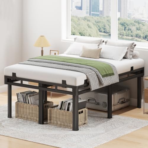 Superay 24 inch HIgh Queen Bed Frame with Rounded Legs, Double Layer Design | Metal Bed Frame & Box Spring 2 in 1 High Platform with Matress Gasket & headboard Adapter, Heavy Duty Support 4000lbs, Black